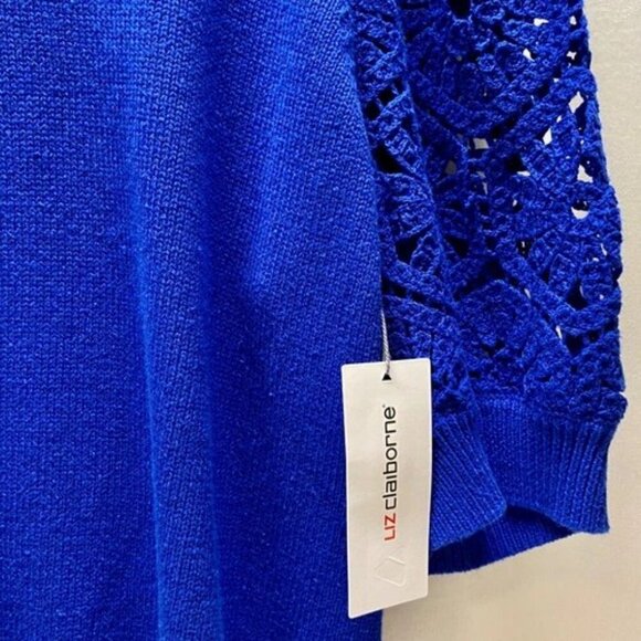 Liz Claiborne Women's 0X Knit Sweater Top Deep Royal Crochete Short Sleeves NWT - Picture 5 of 15